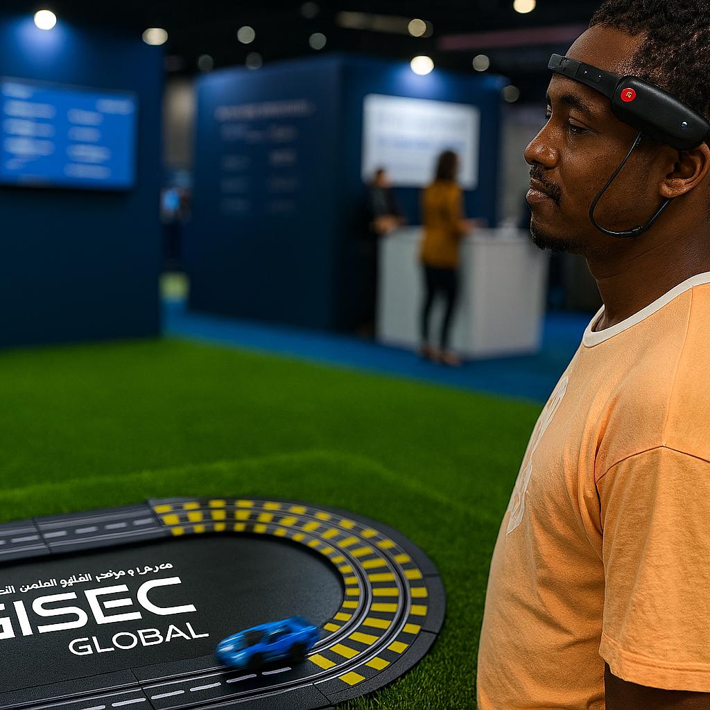 Guest wearing brainwave headband racing a slot car using mind control at a Dubai tech event. Interactive, hands-free game rental for events and exhibitions